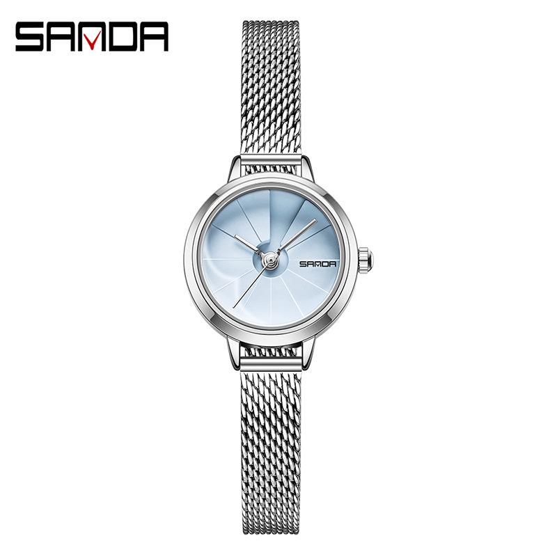 Sanda Women's Waterproof Quartz Wristwatch – Simple Round Dial, Leather & Mesh Strap, Lightweight & Stylish.