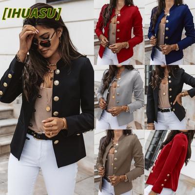 Women's Vintage Casual Solid Color Print Autumn Winter Long Sleeve POLO Neck Jacket International Designs & Coats