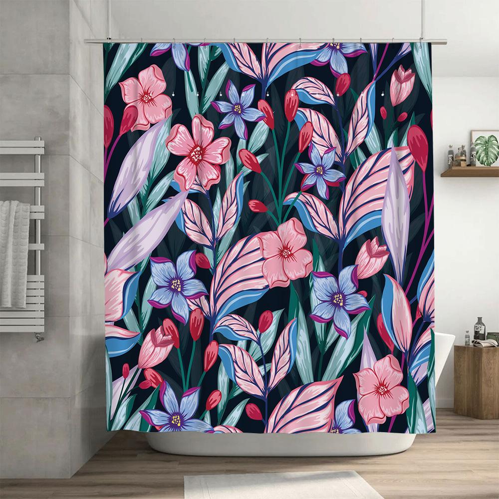 Beautiful Bath Shower Curtain With Floral Print Pink Blue Red White Flowers Waterproof Polyester Fabric Decoration For Bathroom