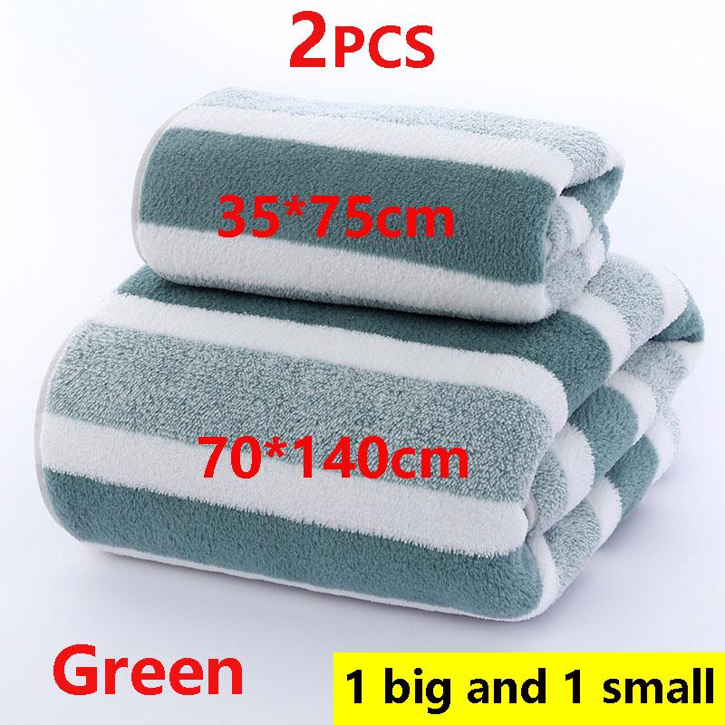 2PCS Bath Towel Striped Pattern Thickened Absorbent Towel Set Soft Face Towel for Home Bathroom Spa Quick Drying Microfiber