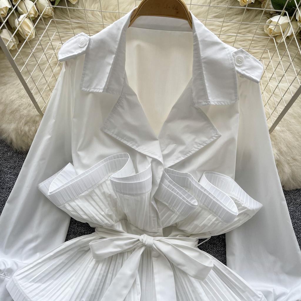 Leichter Luxus Tochter Stil High-End Anzugkragen Hemd Damen Herbst Lotusblattkante Riemen Taillendesign Jacke