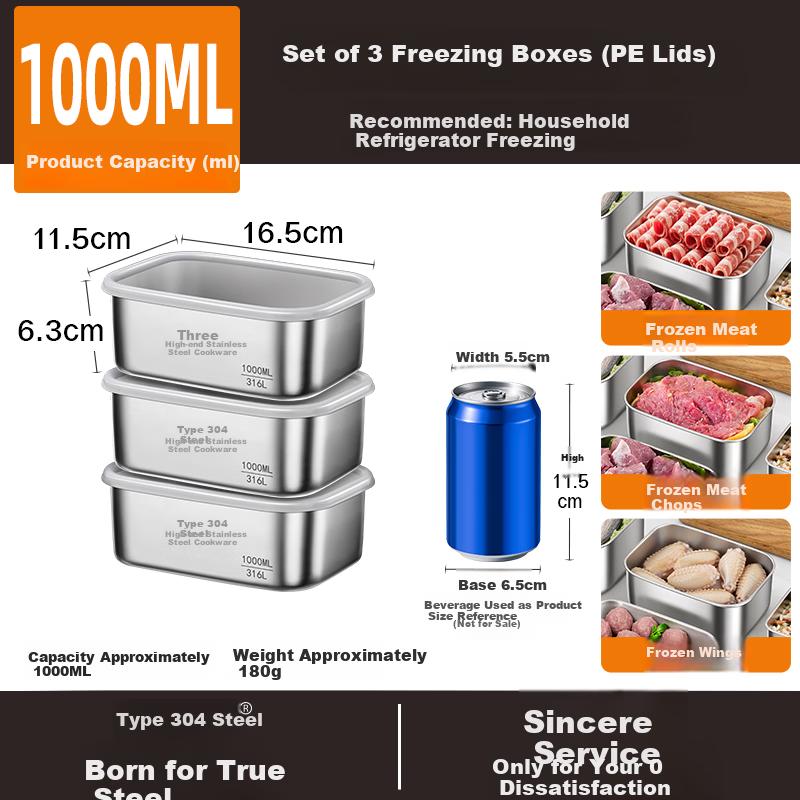 Sansige® 316L Stainless Steel Food Storage Container, Food Grade Refrigerator Fruit Box, Freezer Safe, 1000ml, Pack of 3 W373512