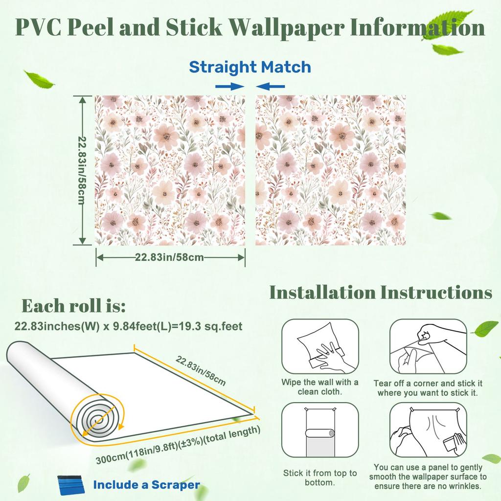 Pastellblommiga Rosa Tapet 22,83"X118" Vattentät Tapet för Vardagsrum/Sovrum/Badrum PVC-väggdekal