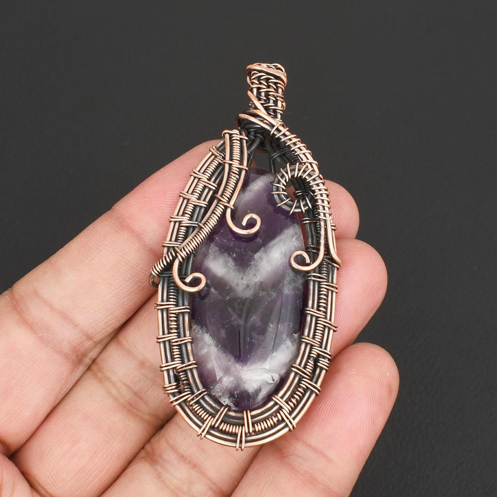 Handmade Copper Wire Wrapped Amethyst Pendant Necklace Natural Purple Amethyst Gemstone Jewelry for Women Vintage Boho Style