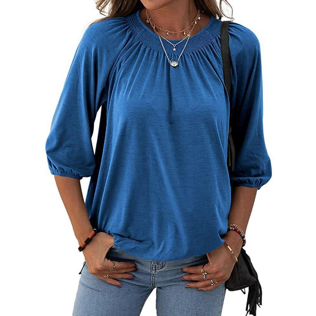 Women's Solid Color Round Neck T-Shirt Shirt Half Sleeve 3/4 Sleeve Casual Loose Pleated Basic Tops