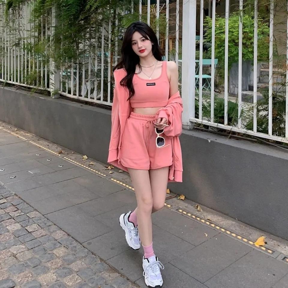 

Женский повседневный спортивный костюм из 3 предметов, весенне-летний свободный тонкий свитер для девочек, кардиган на молнии + жилет + широкие шорты, комплект из трех предметов, спортивные костюмы S