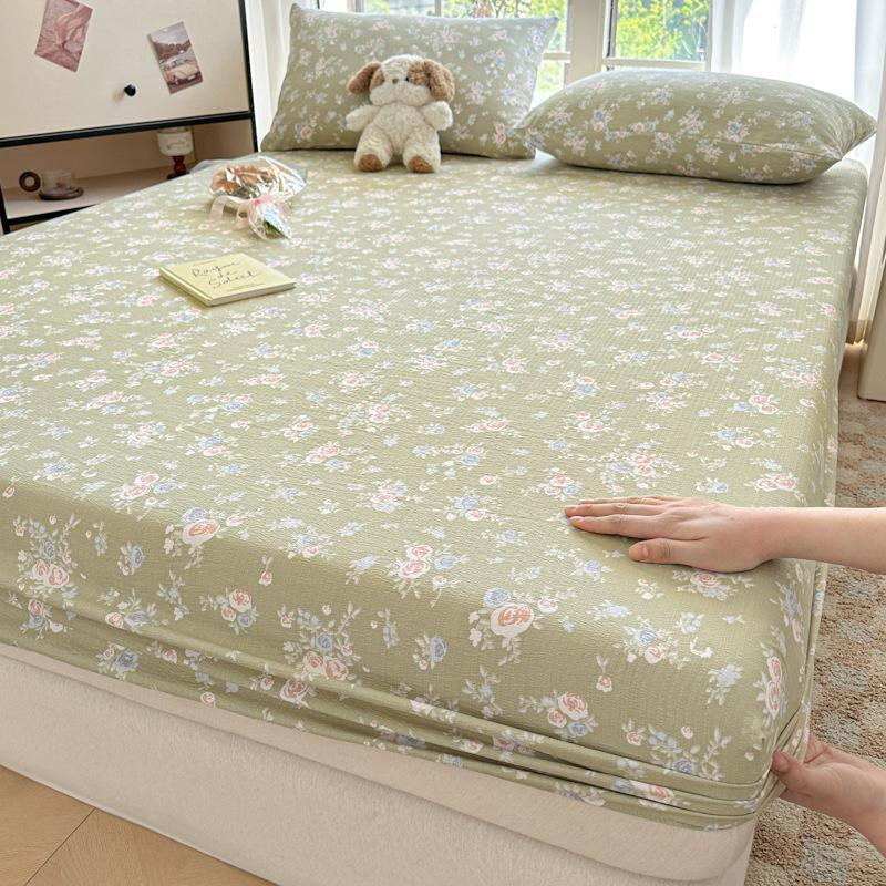 Korean Double-Layer Yarn Fitted Sheet Set Printed Mattress Protective Cover for Naked Sleep Skin-Friendly Dust Cover Kit for Bed