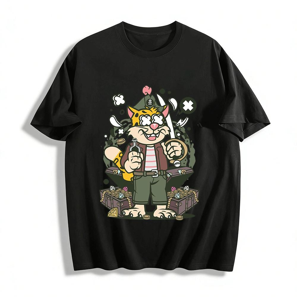 

Funny Pirate Cat Print Tee Cool Street Style Treasure Themed Casual Top Pure cotton T-shirt XXS