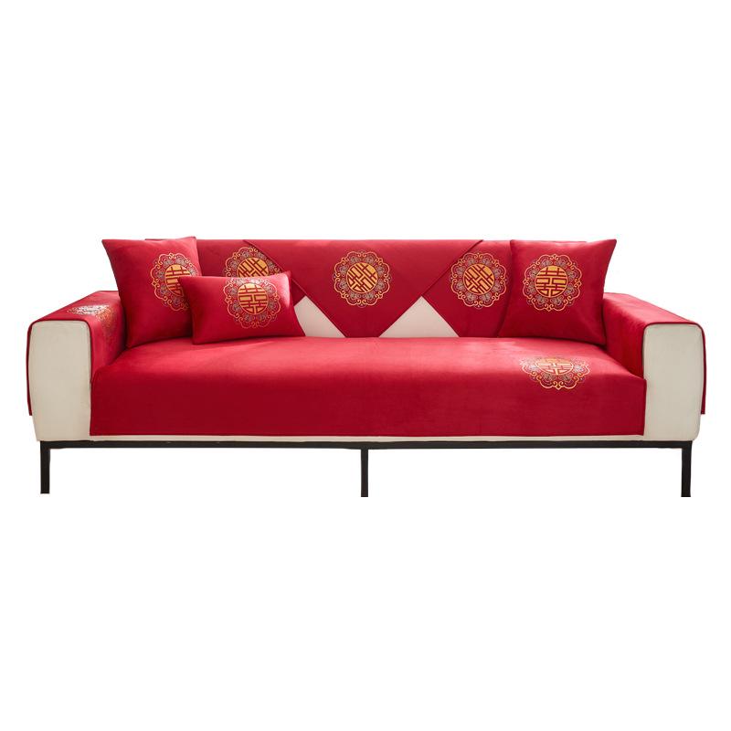 Double Happiness Red Velvet Sofa Cushion: Festive Chinese-Style, Slip-Resistant, All-Season Use
