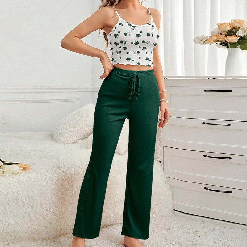 Summer Sling Pajamas Set Women Pants and Sleeveless Tops Set Round Neck Sleepwear Girls Flower Print Loungewear Homewear Pyjamas