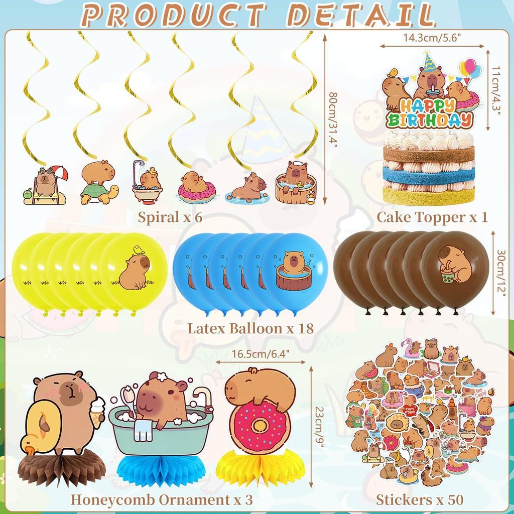 Capybara Birthday Party Decorations - Capybara Party Supplies including Happy Birthday Banner, Spirals, Cake Toppers, Table Centerpieces, Balloons,