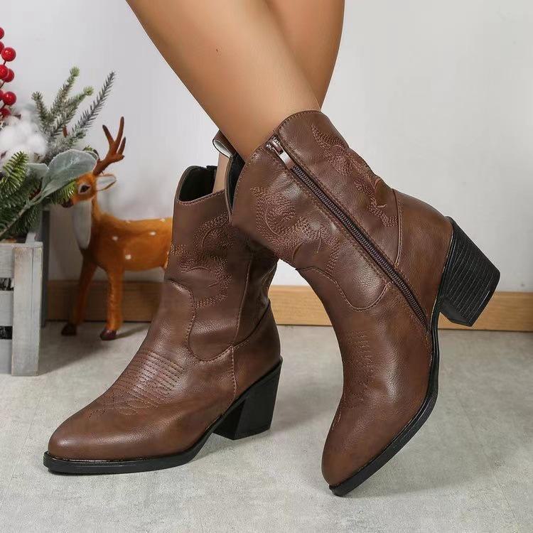 Women's Large Size Leather Pointed Thick Heel Boots - 2024 Autumn/Winter, Soft Sole, Lightweight & Comfortable