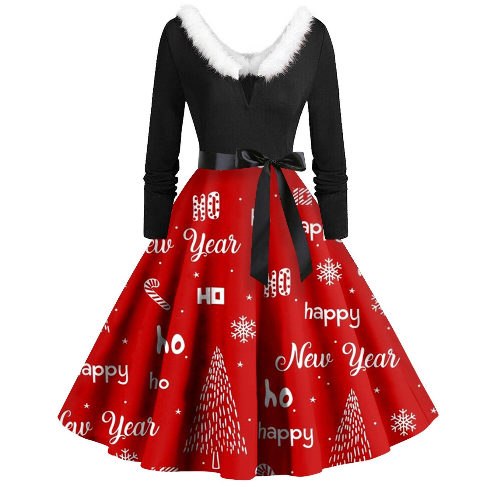 

Женское винтажное платье с длинным рукавом и рождественским принтом в стиле 1950-х годов для вечеринки, выпускного вечера, для домохозяйки XXXL