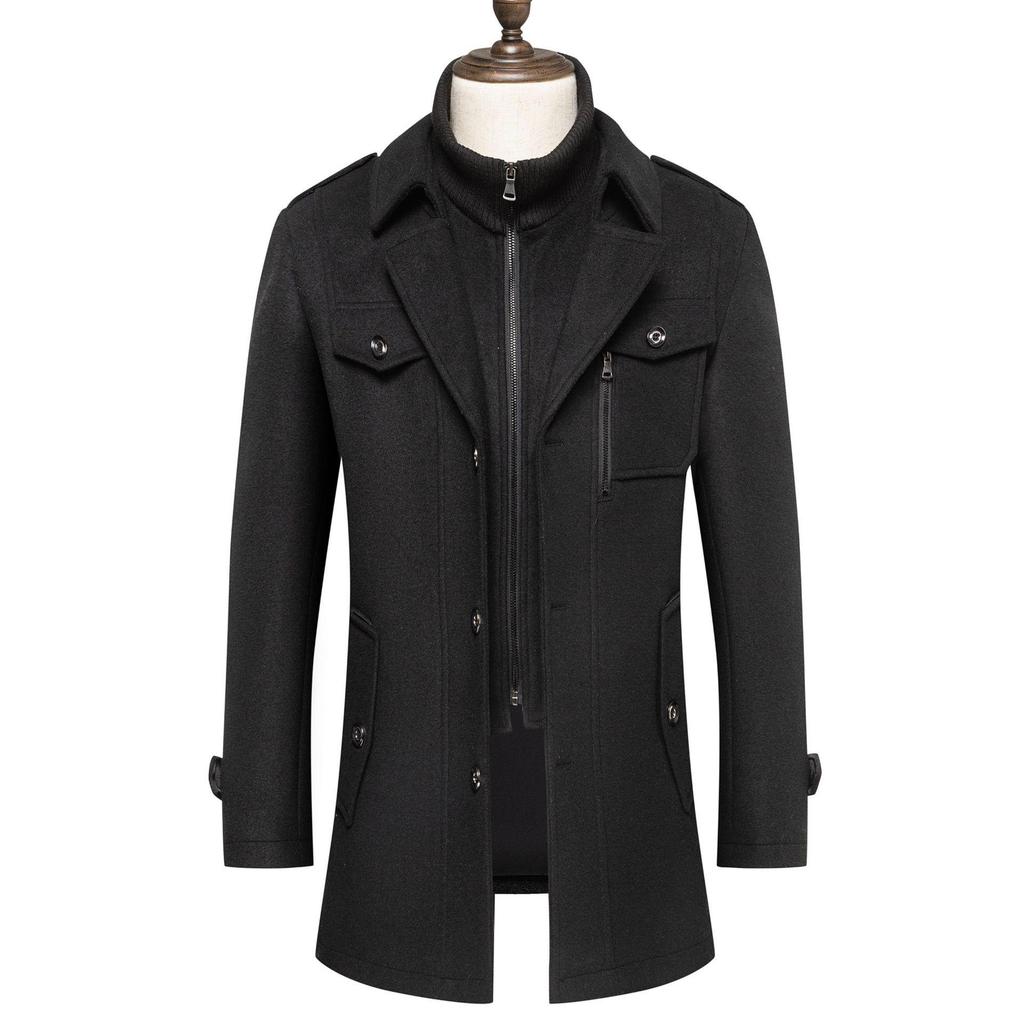 European Men's Wool Coat, Double Collar, Vertical Zipper.