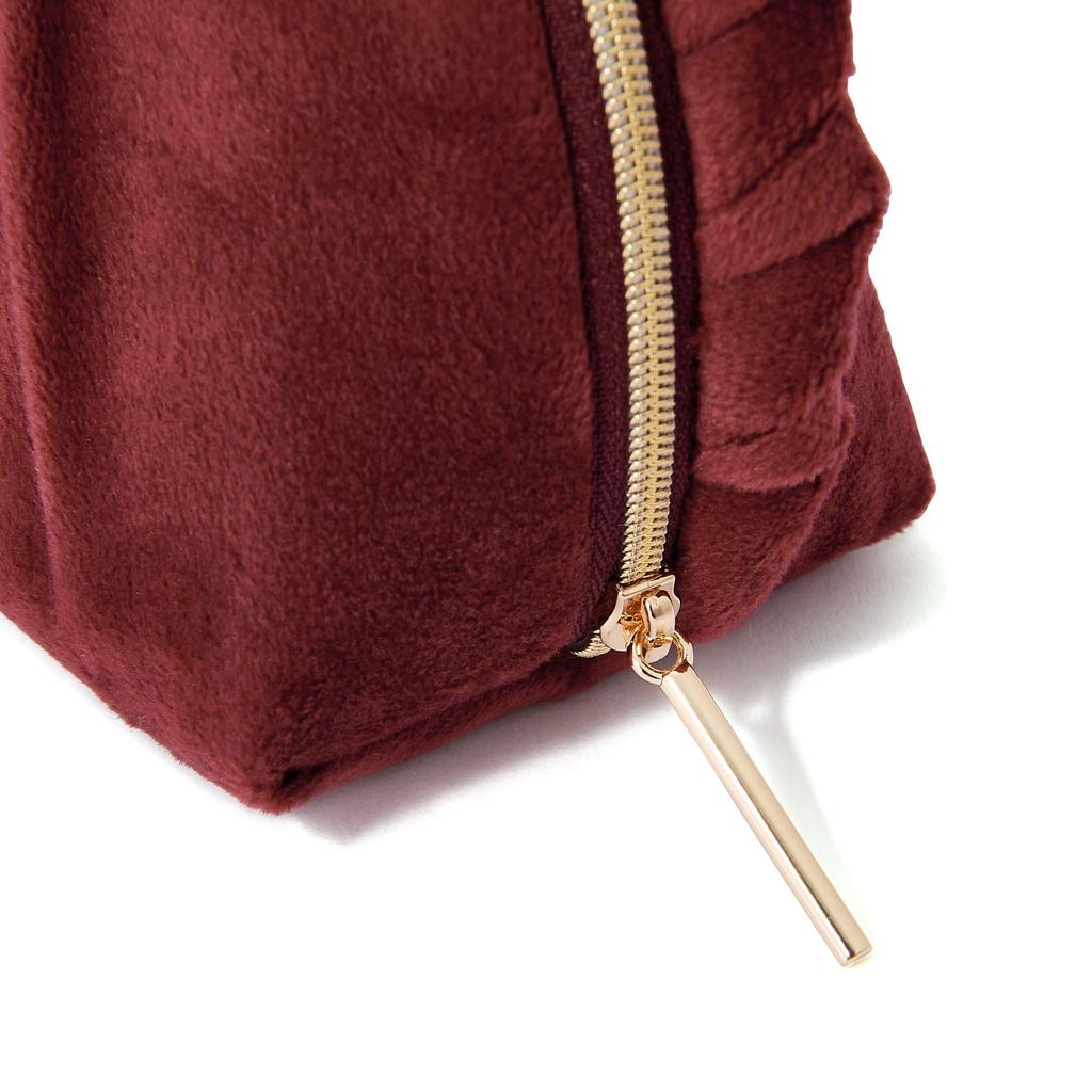 Francfranc Velvet Pleated with Compact Cosmetic Storage Pouch, Small, Wine, Pocket,
