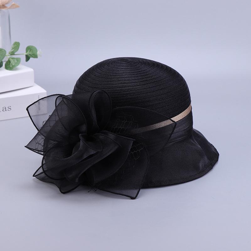 

Hat female visor in the elderly sun hat organza bucket hat big brim big brim sun hat M（56-58cm） чорний