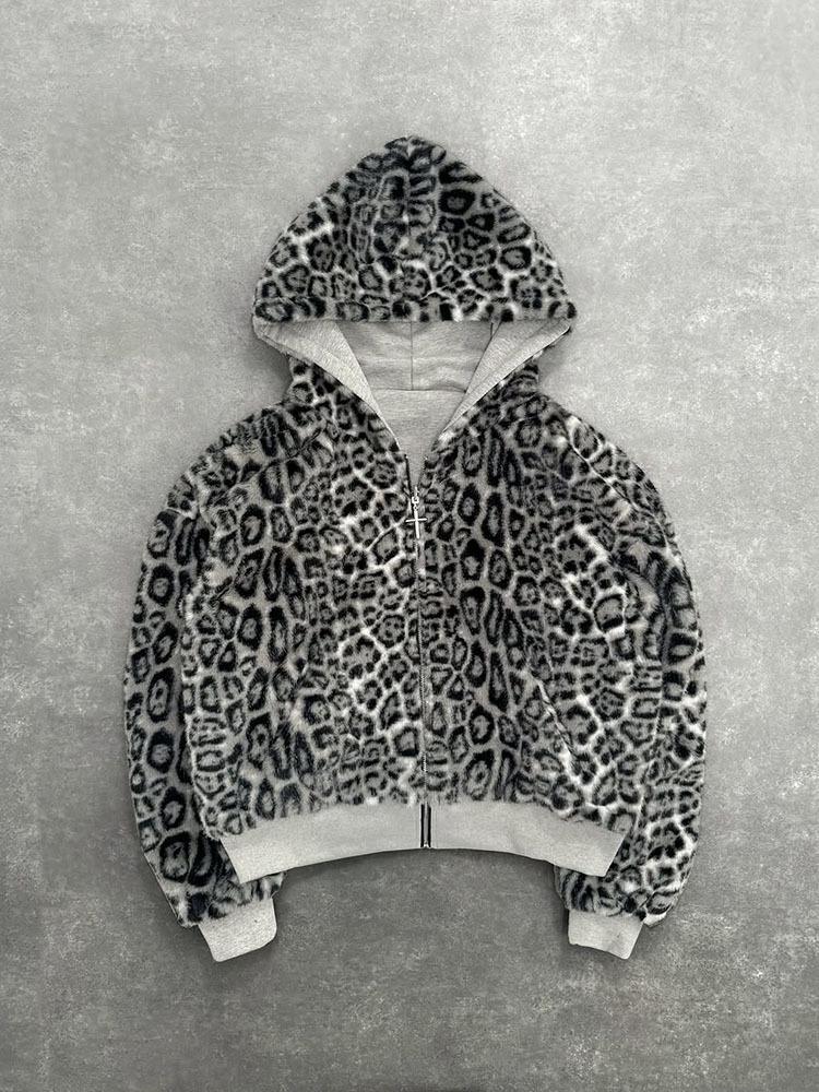 2025 Autumn/Winter Men's Reversible Leopard Print Zipper Hoodie Sweatshirt