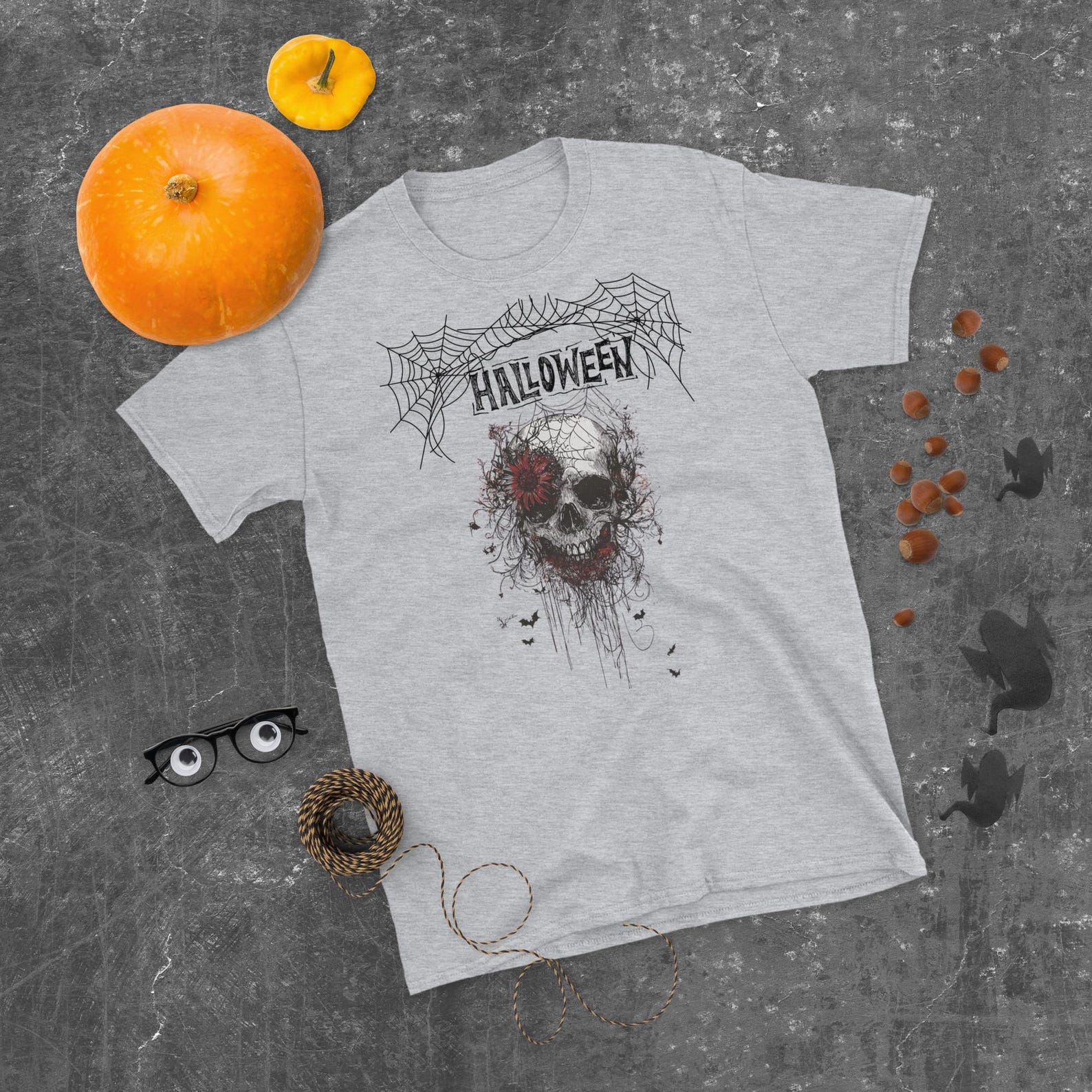 Halloween Skull T-Shirt – Spooky Skull & Web Graphic Tee – Soft Cotton Unisex Halloween Shirt M