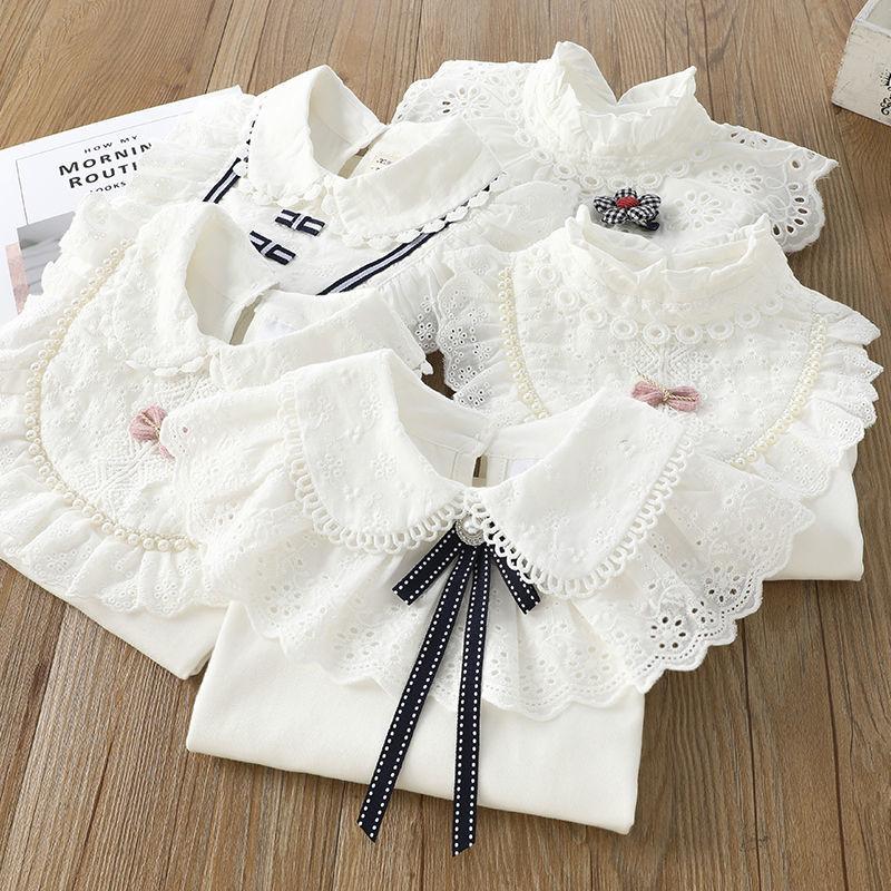 Girls' Spring/Fall Collared Shirt, Larger Sizes, Lace-Trimmed Top