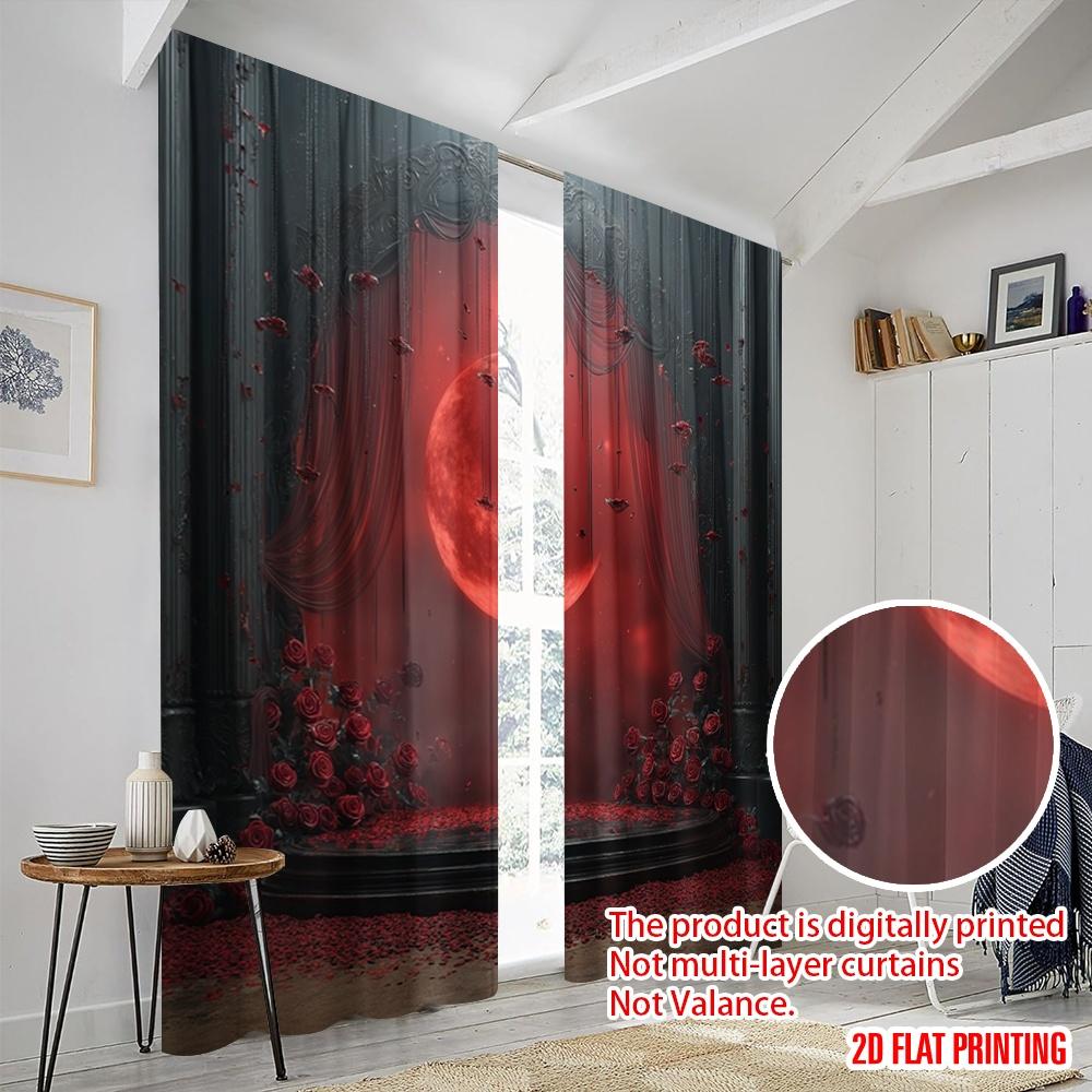 2pcs,2D Plane Printing Curtains&Window Treatment Gothic Style Crescent Black Rose Silver Ring Durable 100% Polyester Fabric