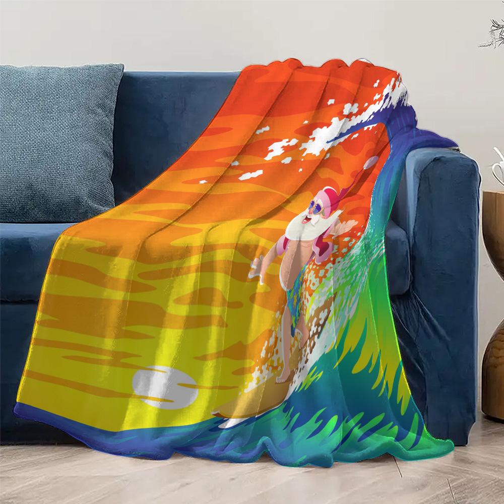 Santa Claus Surfing Beach Blanket Throw Coastal Home Decor Festive Holiday Gift Tropical Ocean Vibes Vacation Summer Vibes Cozy