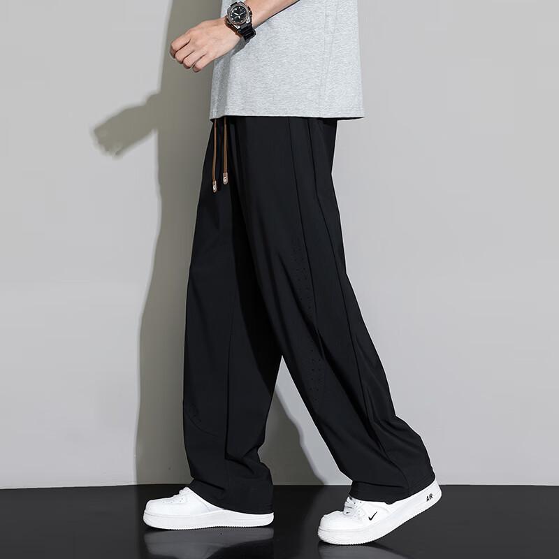 POUM Ice Silk Straight-Leg Pants for Men, Spring And Summer Loose-Fit Sports Breathable Cool Quick-Dry Draping Trousers 2529 Black M