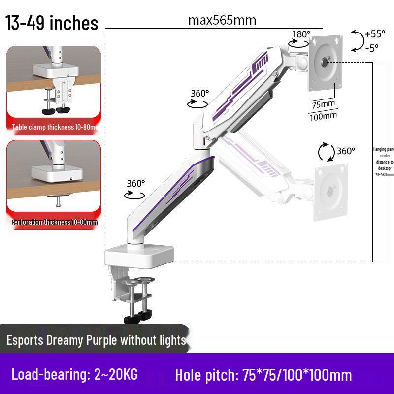 49" Ultraširoký Stojan na Monitor s Pneumatickým Ramenem, Instalace Bez Vrtání, RGB Osvětlení, E-sportovní Edice