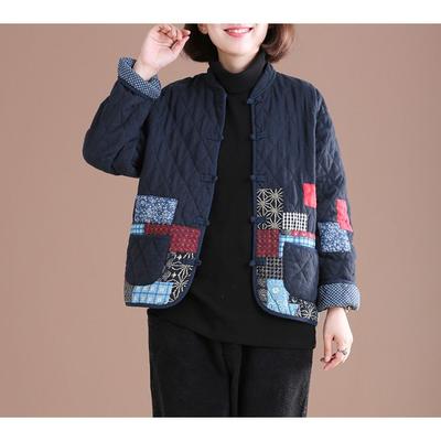 Autumn Winter Short Coat Patchwork Vintage Quilted Jacket Single Breasted Long Sleeve Cotton Jackets Big Size Design Outerwear