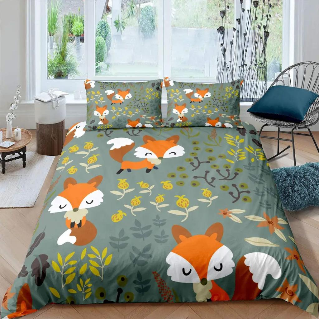 Comforter Cute Forest Animals Theme S King Size Fox Deer Rabbit Owl Hedgehog Flowers Comforter Set 2/3Pcs Bedding Set