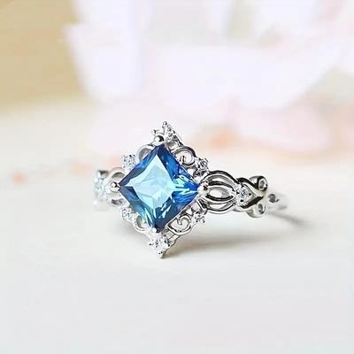 Princess Pattern Sea Blue Imitation Gemstone Index Finger Ring, Inlaid With Rhombus Zircon, Noble Exquisite Index Finger Ring