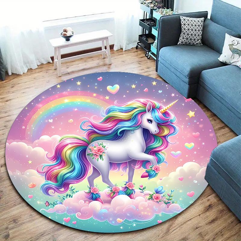 1Pc Cute Unicorn Circular Print Rug - Home Decoration Carpet For Living Room Bedroom Flooring Computer Chair Area Rug
