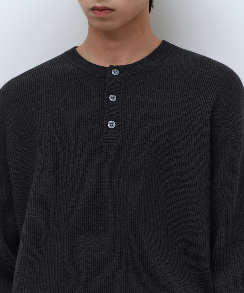 MUSINSA STANDARD [Victoria Wool] Minimal Ribbed Henley Neck Knit [Dark Gray]