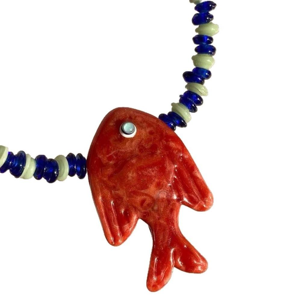 

Cute Design Glass Fish Pendant Boho Style Charm Jewelry New Beaded Chain Necklace червоний