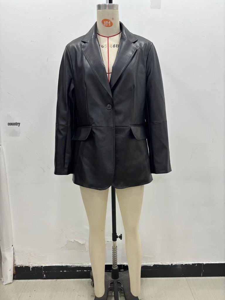 2025 Women's Casual Faux Leather Lapel Jacket - European & American Style