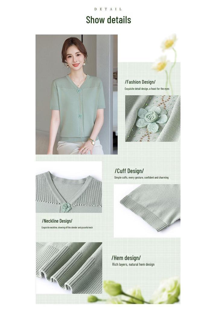Elegant Summer V-Neck Short-Sleeve T-Shirt for Moms: Light Knitwear for Middle-aged and Elderly Women