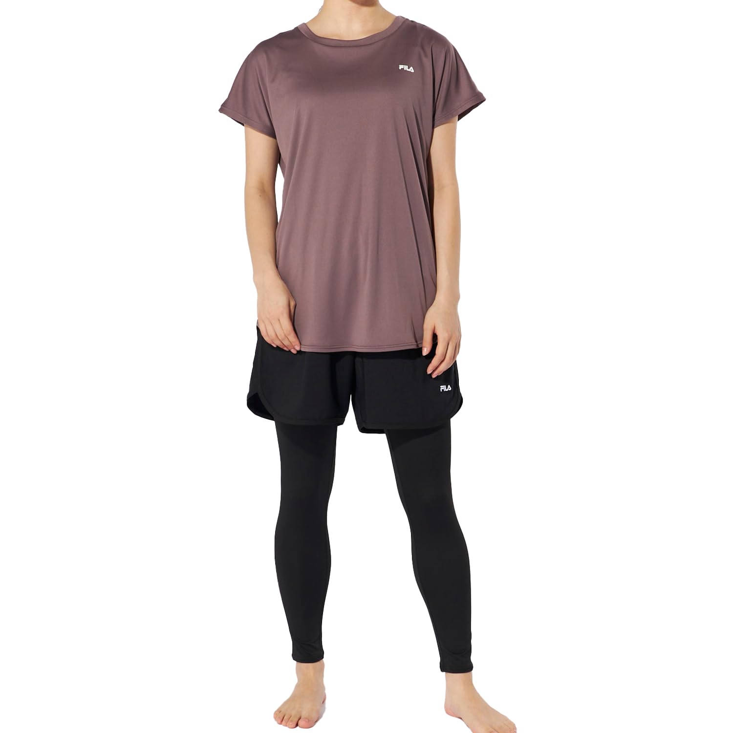 

амфибийный фитнес-костюм купальник и размер LL [FILA] набор из 3 предметов, футболка с коротким рукавом, шорты, леггинсы, 312061N, женский, коричневый,