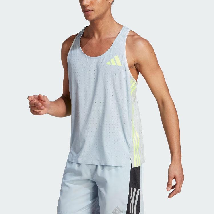 Adidas Adizero Promo Lauf-Singlet Streifen Logo Print Schnelltrocknend Sportweste Herren Tops Blau Grau HZ2548