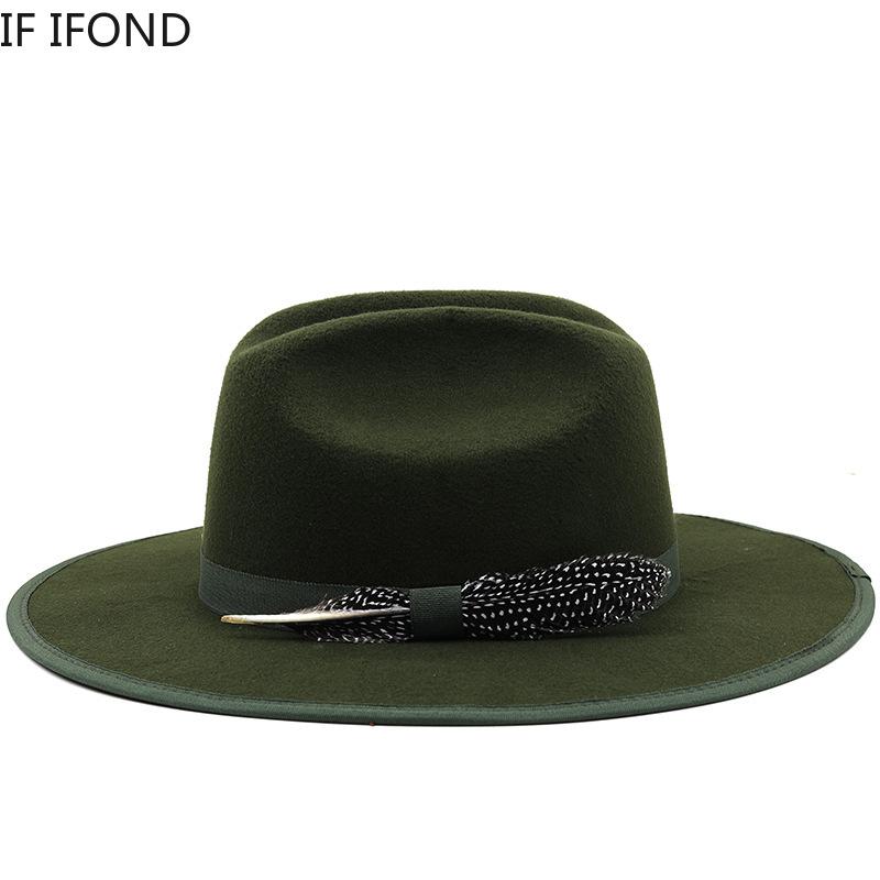 New Autumn Winter Feather Band Felt Fedora Hat For Women Wide Brim Gentleman Wedding Party Hat Church Jazz Hat
