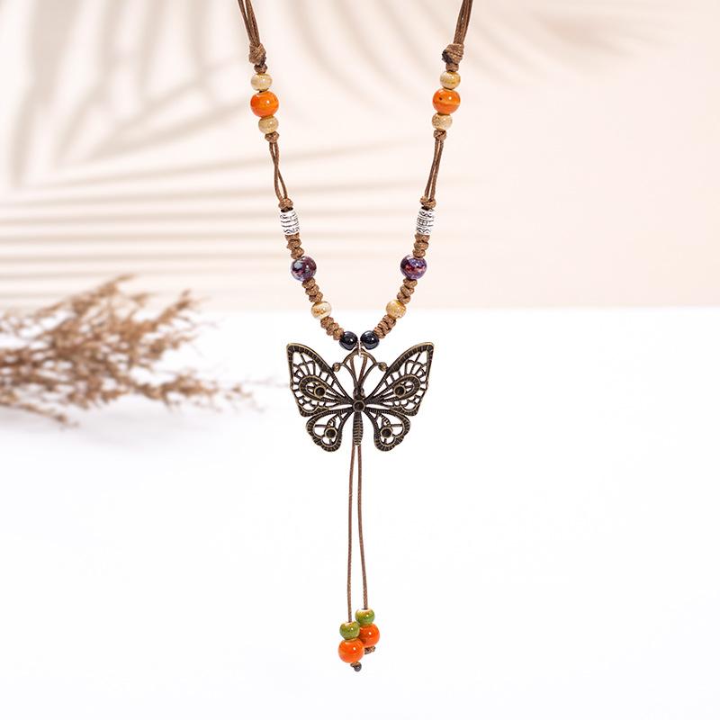 Concubine Butterfly Ethnic Style Ceramic Long Sweater Chain Female Antique Pendant Retro Chinese Style Butterfly Necklace