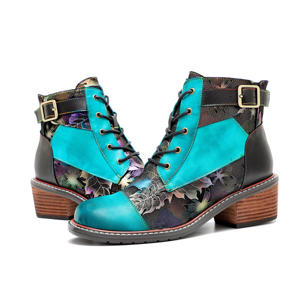 Johnature Handmade Printing Contrast Short Boots Retro Casual Comfort Genuine Leather Women Shoes