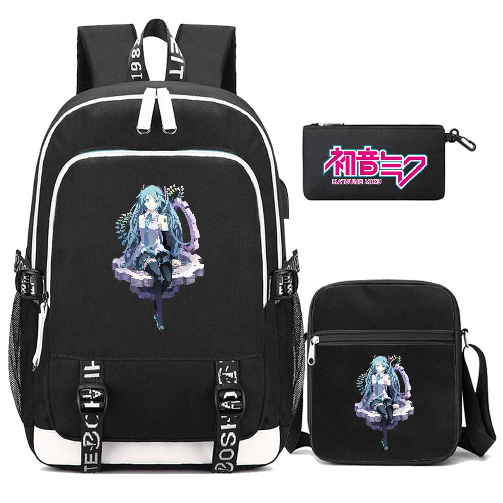 3 Stück/Set Anime Cartoon Hatsune Miku Bedruckter Rucksack Große Kapazität Wasserdichte Schultasche Schüler Junge Mädchen Schultasche Outdoor Laptop Reisetasche Geschenk
