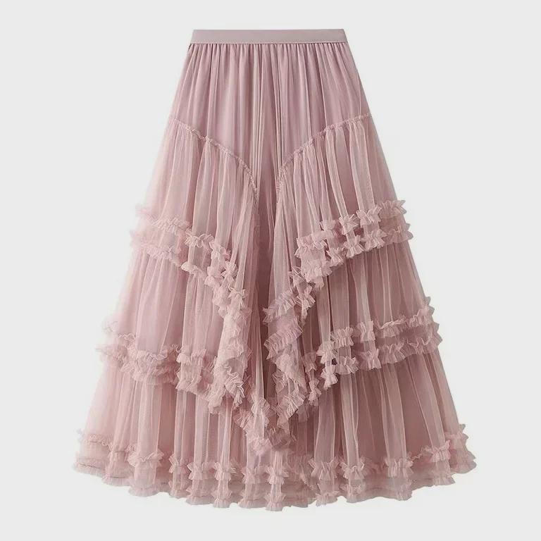 Elegant Multi-Layered Tulle Lace Midi Skirt