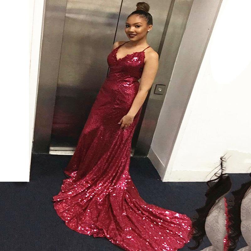 

2026 Spring-Summer New Women s Long Sleeveless Dress: Straps, V-Neck, Sequins, Open-Back, Train for Evening and Bridesmaid XXL червоний