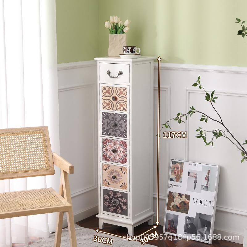 American Solid Wood Narrow Retro Painted Drawer Cabinet - Bedroom & Small Apartment Side Storage.