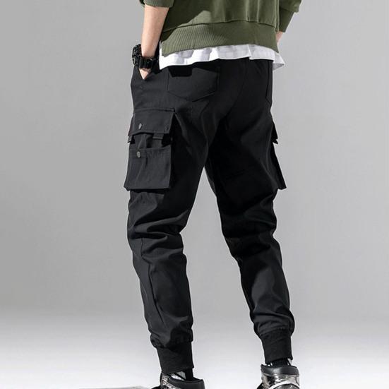 Men Pants Plush Lining Solid Color Elastic Waist Warm Multiple Pockets Cargo Pants for Daily Wear