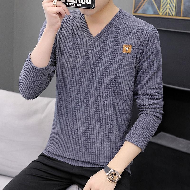 

Футболка с длинными рукавами, мужская осенняя одежда, v-образный вырез, весенне-осенняя верхняя одежда, трендовая корейская плюшевая утолщенная нижняя одежда 3XL серый