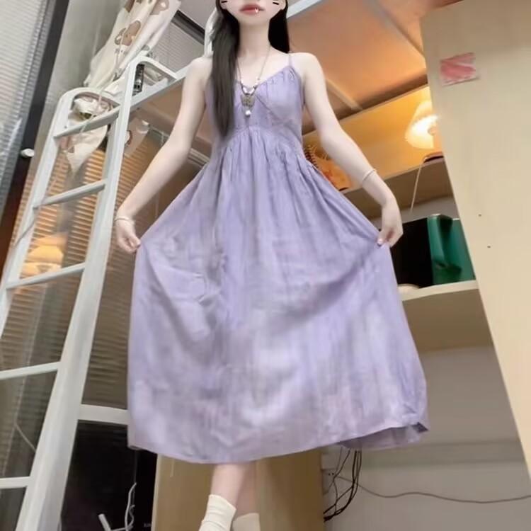 French-style High-end Purple Spaghetti Strap Dress for Women, New Summer Seaside Vacation Waist-cinching Elegant Long Dress