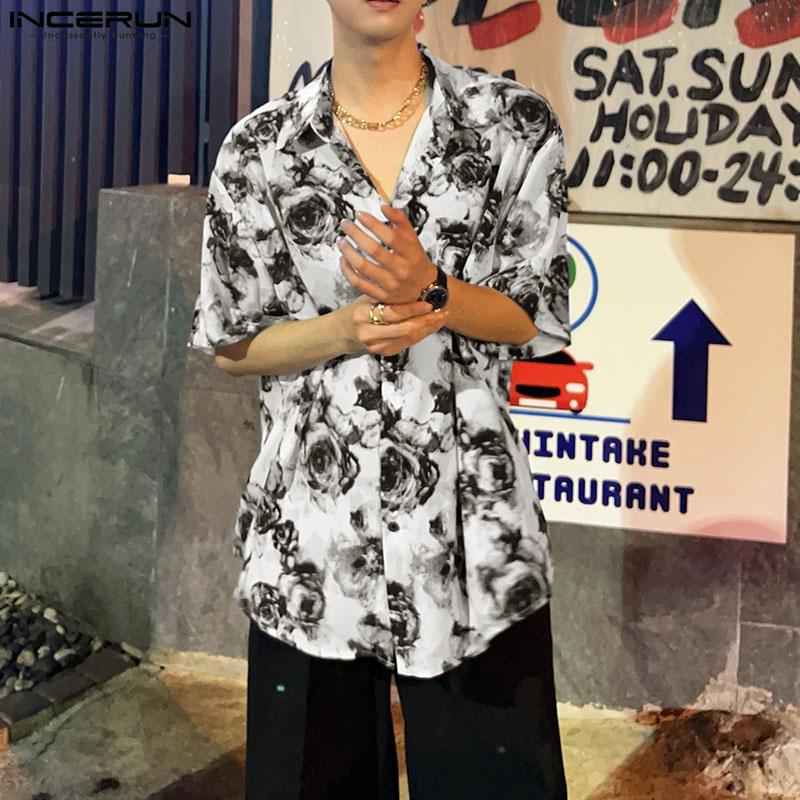 INCERUN Oversized Men Lapel Floral Printed Shirts Beach Holiday Tops