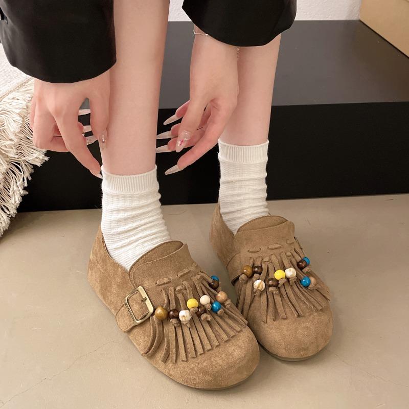 Fashion 2025 New Suede Round Toe Flats Spring Autumn New Slip-on Fashion Ladies Shoes Buckle Tassel Ethnic Novelty Women's Shoes