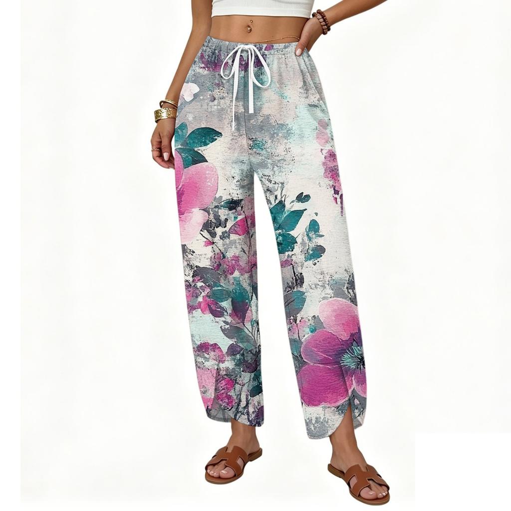 Women's Casual Loose Fit Wide Leg Drawstring Pants Floral Print Straight Cut Lightweight Trousers for Everyday Wear
